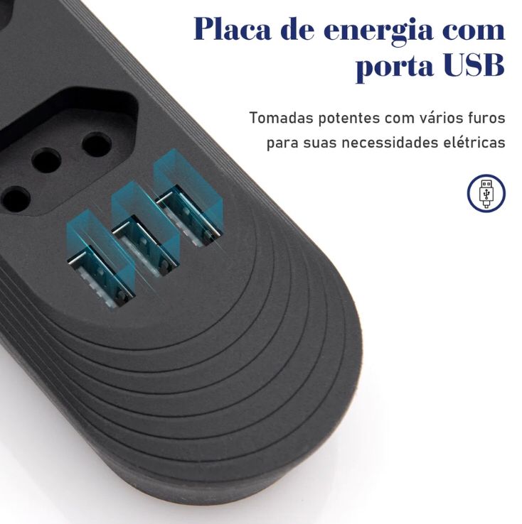 Extensão De 4 Tomadas com 3 usb e 2 Metros