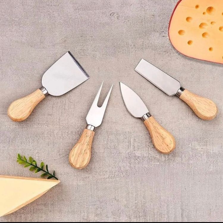 Mini Conjunto Kit 4 Peças em aço e Madeira - Garfo, Faca, Corta, Espátula, Frios...