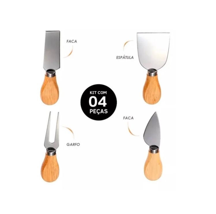 Mini Conjunto Kit 4 Peças em aço e Madeira - Garfo, Faca, Corta, Espátula, Frios...