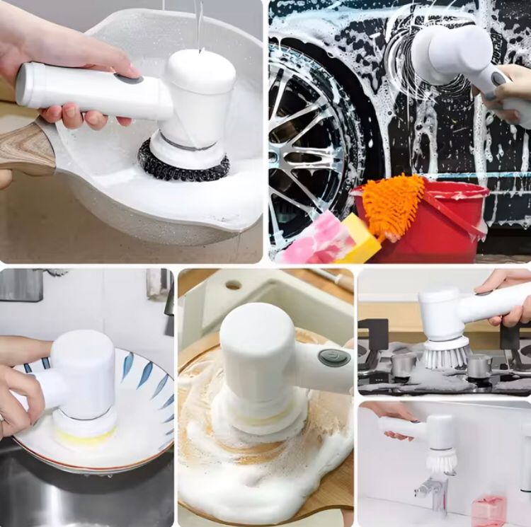 Escova Elétrica de Limpeza 5 em 1 Giratória Sem Fio - Limpador Multiuso Prático Cozinha Sala Banheiro Calçados Azulejos